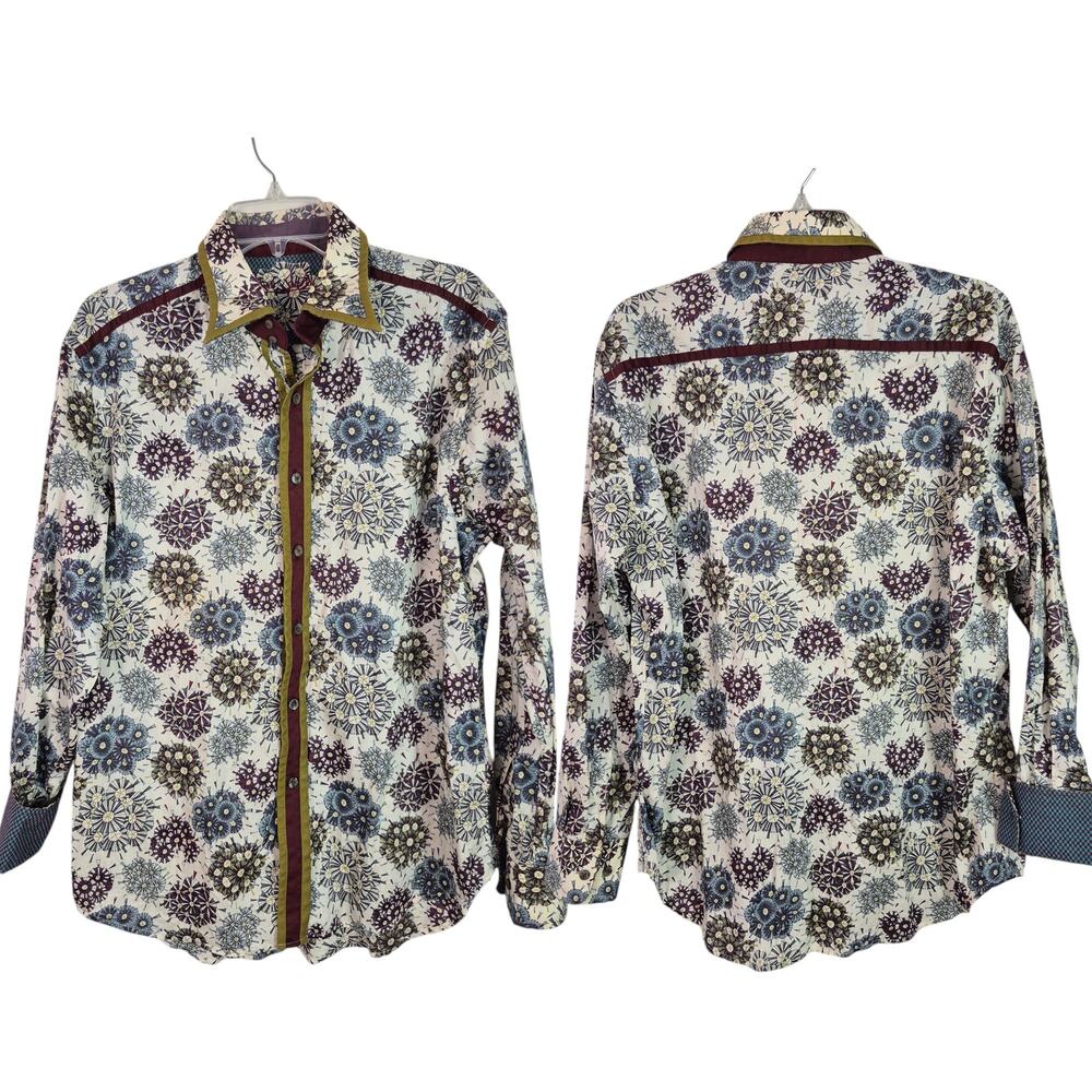 Robert Graham Red White Gray Vintage Retro Abstract Floral Men's Shirt Large